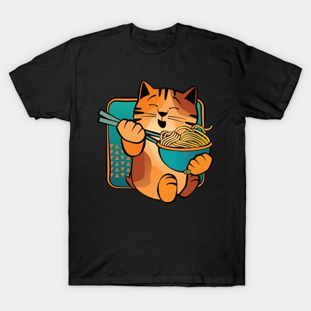 Happy Cat Eating Noodles T-Shirt by Sue Cervenka